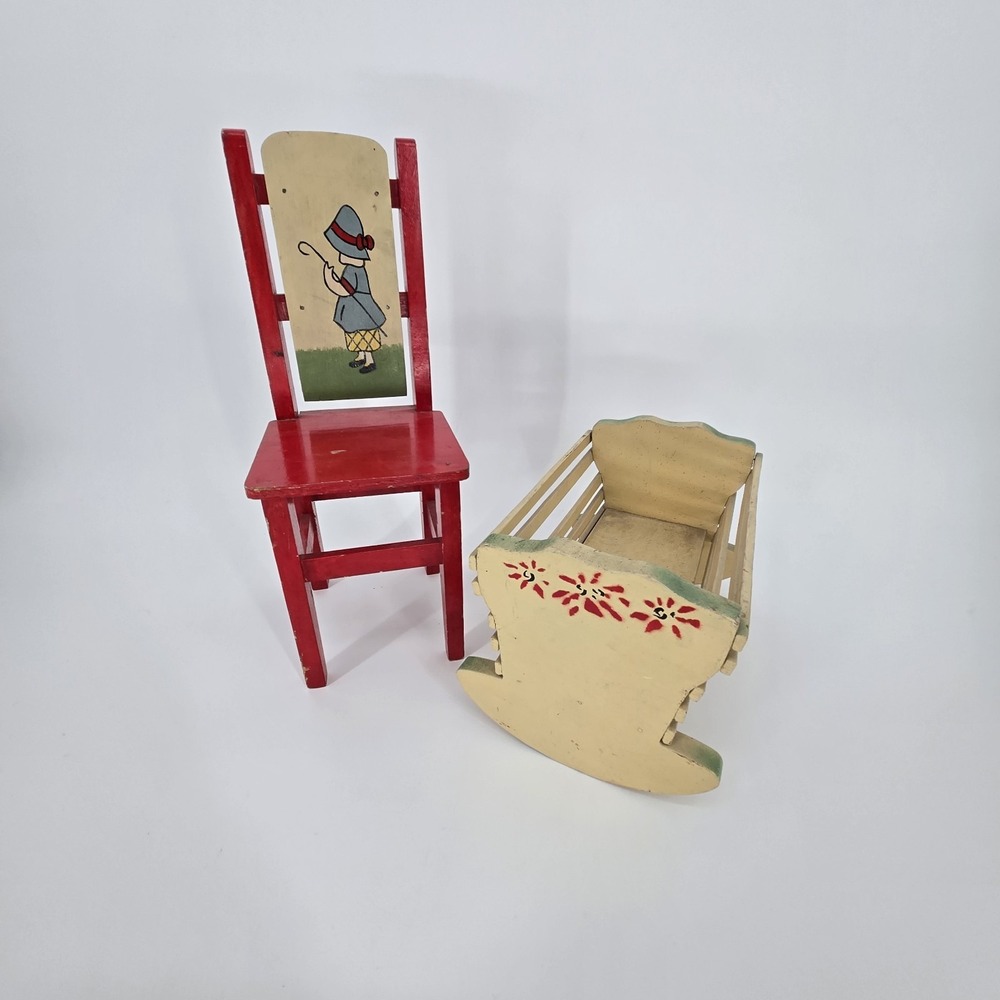 Vintage Wooden Doll Chair‎ & CradleMid Century Nursery Decor Folk Toy Furniture